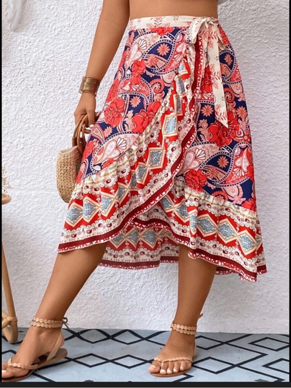 Boho Wrap Midi Skirt in Red & Navy Floral Print